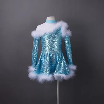 Blue Sequin Furry Dress for Toddler Girls Winter Snowflake Performance Costume Cute Dance Performance Costume