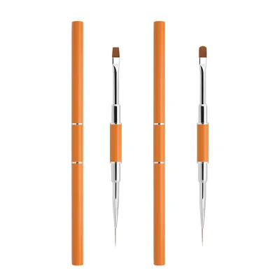 17 Years Professional Factory Wholesale Price Dual-ended Nail Painting Brush 2 PCS Set Orange Handle with Caps Oval and Flat