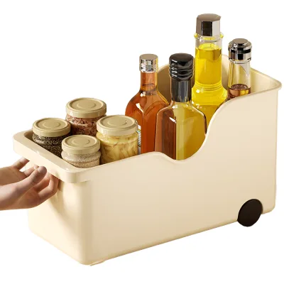 Space-Saving Kitchen Desktop Storage Cabinet Pot and Spice Tidy Box with Wheels Plastic Artifact Cabinet