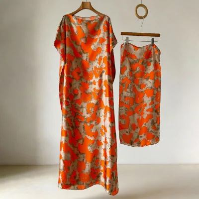 VISROVER 2026 Spring Summer New Orange Irregular for Printing Polyester Robe Hijab Women Large Size Loose Long Beach Resort