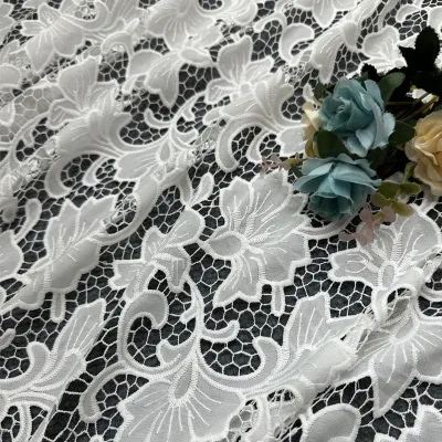 2024 Lightweight Clothing Fabrics Cutwork Eyelet Floral Embroidery Fabric Bridal Lace Fabric Ivory 3D for Garments Dresses
