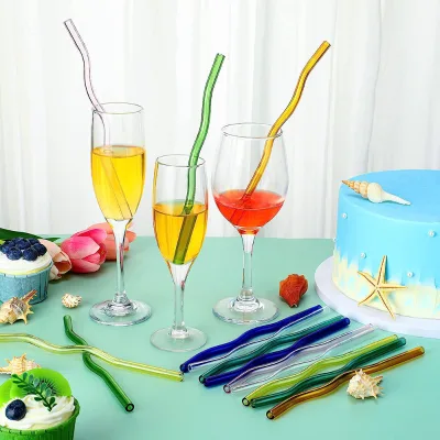 Resistant Reusable High Borosilicate Transparent Colored Curvy Wavy Glass Drinking Straws for Beverage Eco-friendly
