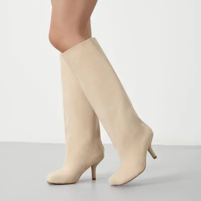Womens Mid Calf Boots Suede Upper PU Lining High Stiletto Heel Pull on Elegant Dress Boots for Autumn Winter Spring Women