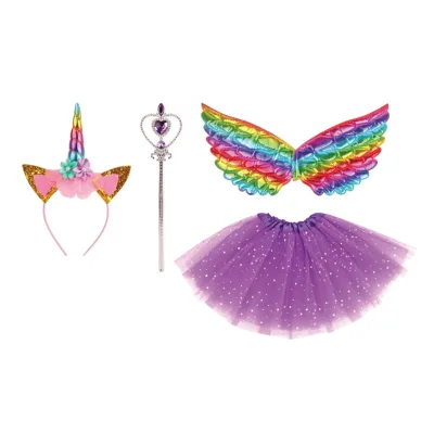 Unicorn Wing Headband Tutu Skirt Wand for Kids-DIY Girl Dress Birthday Party Costume Carnival Rainbow Tutu Anime Stage Wear for