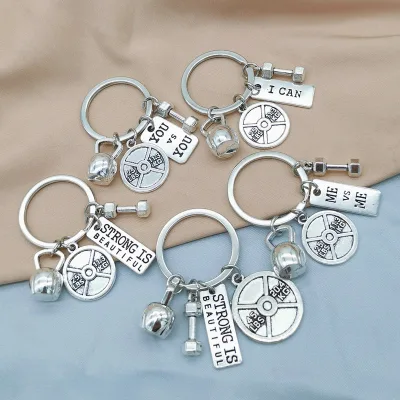 Best-Selling Fitness Equipment Keychain Dumbbell Barbell Kettlebell Design Key Ring Pendant  Metal Craft Keychain