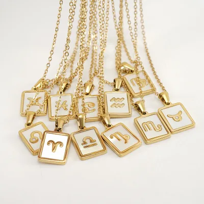 18K Stainless Steel All-Match Shell Pendant 12 Constellations Necklace Trendy Link Chain Letter-shaped Zodiac Signs Unique Gifts