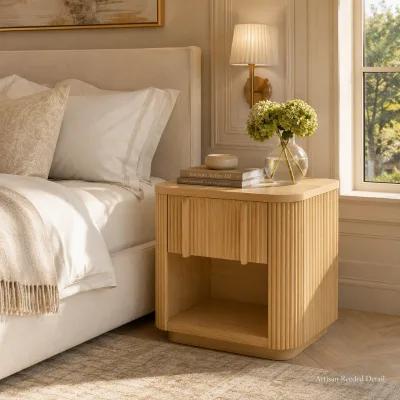 Fluted Open Nightstand Vertical Reed Front Rounded Wood Bedside Table Shelf Storage Modern Bedroom Furniture Supply