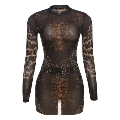 Leopard print transparent mesh 2 piece set women's sexy long sleeve top and mini skirt with flirty midnight club outfit