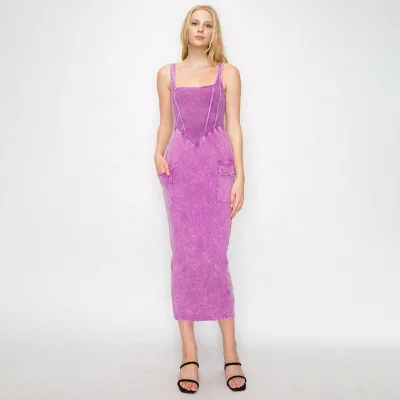 Summer Square Collar Cargo Side Pockets Stone Washing Floor Maxi Pencil Dresses for Women