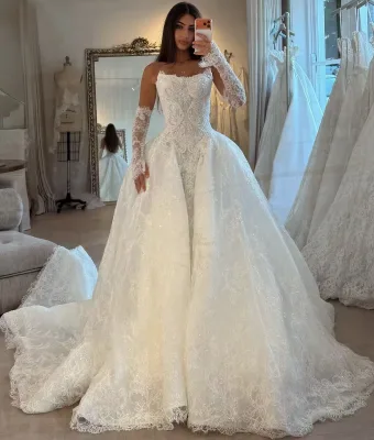 2026 Elegant Forest Style Dreamy French Light Wedding Dress Long Train with Pearls Lace Slimming Bridal Gown