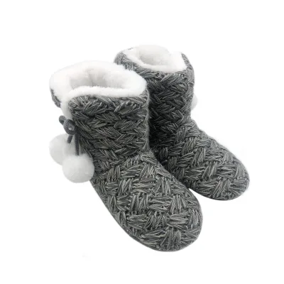 Women Home Use Bedroom Slippers Knit Boots with Pompom Indoor Customized HCG Ladies Winter Shoes Ladies Boots