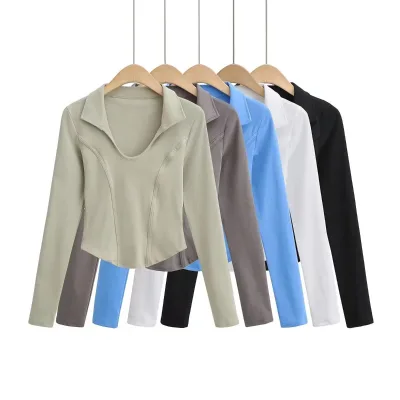 Custom Logo Women Turn Down Collar Breathable T Shirts Long Sleeve High Quality T Shirts Casual Fashion Women t Shirt