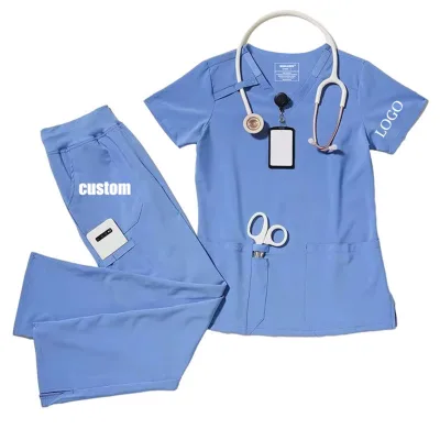 Women's Short Sleeve V-Neck Surgical Hospital Scrubs Stretch Fabric Spandex Rayon Polyester Uniformes Uniforms Hospital