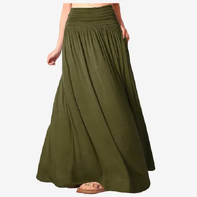 Women's Fold Over High Waist Shirring Maxi Skirt Plus Size Jersey Gypsy Hippie Long Skirts with Pockets