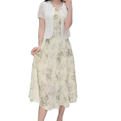 The 2025 Summer New Women's Casual Chiffon Ethnic Style Solid Two-piece Suit Floor-length Dress