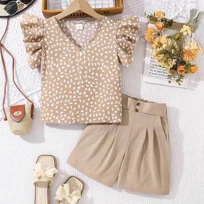 Girls' Outfit Children's Clothing  Summer  V-neck Polka Dot Short Sleeve Top Shorts