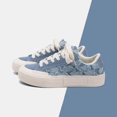 Canvas Shoes Men Denim Low Cut Lace up Tassel Distressed Platform Casual Breathable Factory Custom OEM