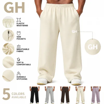 GH Hot Wholesale Men's Wide Leg Sporty Breathable Quick Dry Canvas Elastic Waist Relaxed Fit Joggers Gym Training Sports Pants