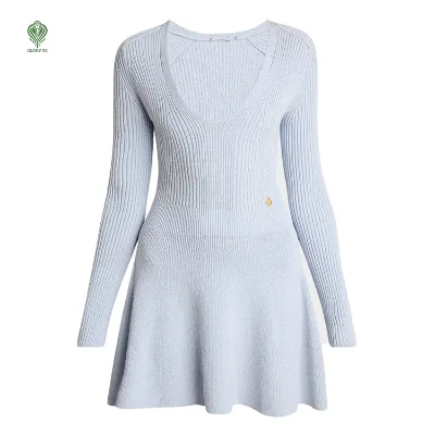 Wholesale Custom logo Oem & Odm Blue Long Sleeves Deep v Neck Varsity Ruffle Mini Ribbed Wool Cotton Knit Women's Sweater Dress