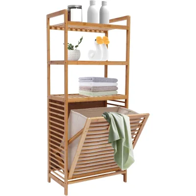 Wholesale Durable 3-Tier Bamboo Clothing Organizer Storage Shelves Hamper Laundry Basket-Eco-Friendly Classic Design for