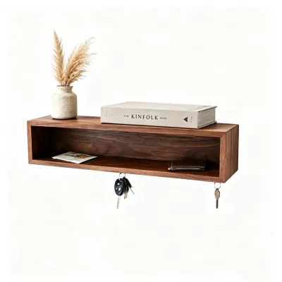 Hot Sales Rustic Wood Wall Shelf Solid Wood Floating Wall Shelves Floating Oak Entryway Organizer Key Hooks