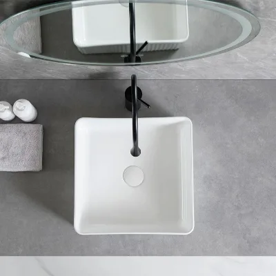 Modern Square Above Counter Basin No Overflow & No Faucet Hole Design Water Saving Easy-Clean Ceramic Sink