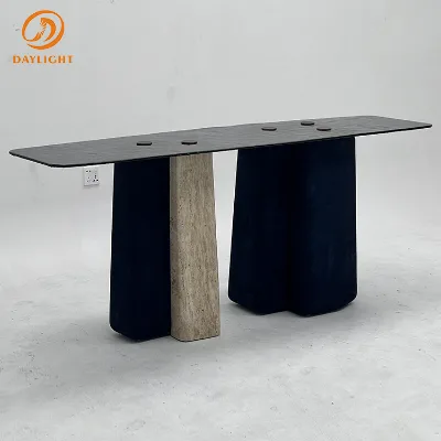 Luxury Modern Console Table with Asymmetrical Dual-Column Base and Ultra-Thin Dark Top, High-End Entryway Furniture