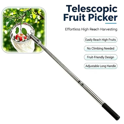 Telescopic Stainless Steel Fruit Picker | High Reach Harvest Tool With Extendable Pole | Garden Fruit Catcher for Orchard Use