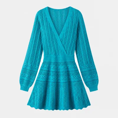 Wholesale Boutique Womens Teal Textured Knit Dress V Neck Long Sleeve Maxi