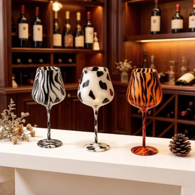 Creative Painted Tiger Leopard Pattern High-Legged Glass Cup Modern Design Portable Coffee Tea Set for Afternoon Tea Frosted