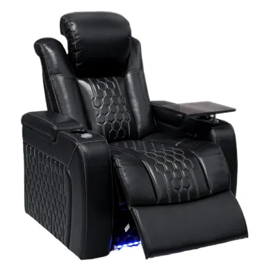 Modern Home Theater Genuine Leather Electric Recliner One Seat Left with Heat & Massage Powered Headrest Lumbar Wood Frame