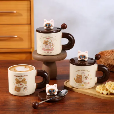 Creative Cartoon Cute Cat Ceramic Mug with Lid and Spoon Oatmeal & Milk Cup Birthday Gift