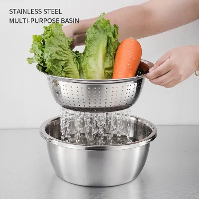 Hot Supplier Kitchen Rice Washing Basket Mixing Tableware Set Stainless Steel 201 Eco-friendly Colander Strainer Bowl