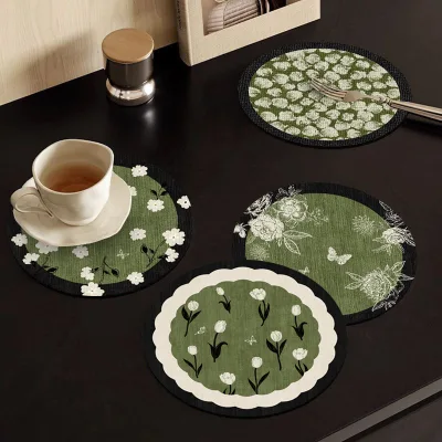 Factory Direct Sales Modern Minimalist Style Green Cup Mats Placematsfloral Design Circular Non-slip Abrasion-resistant