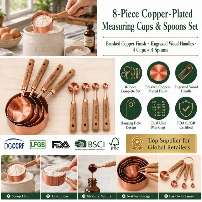 Copper Plated Measuring Cups Spoons Set 8 Piece Brushed Finish Engraved Wood Handle Dual Unit Hanging Kitchen Baking