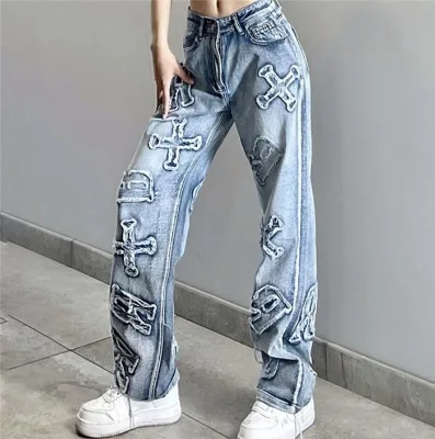 Custom New Design Women's Jeans Ankle-length Denim Pants White Mid Waist