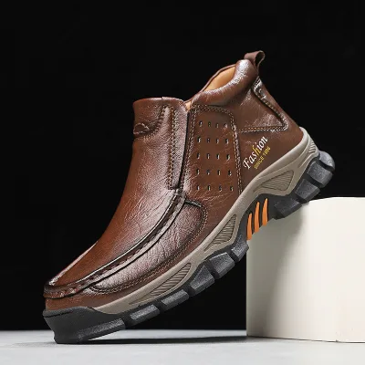 Men's High Top Casual Shoes Thick Bottom Outdoor Classic Mid-Cut Leather Hiking Shoes Comfortable Men Ankle Boots Large Size 49