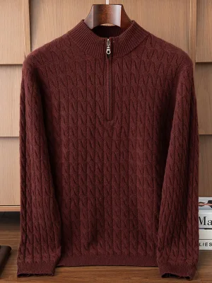 New Fall/Winter Men's 100% Cashmere Small-Cable-Knit Pullover Sweater Mock Neck Zipper Chains-High-End Extra-Thick Knit Warm