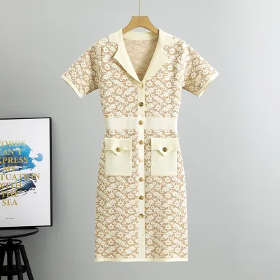 New Fashion European Summer Women's Midi Package Hip Skirt Slim Floral Knit Dress Lapel Casual Bodycon Style Short Simple Print