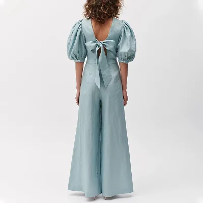 Casual Women Jumpsuits Lantern Half Sleeve High Waist Flare Pants Lace up Jumpsuits Rompers