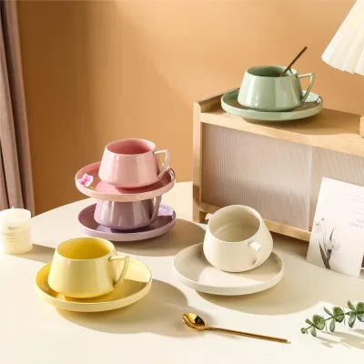 2026 New Arrival Porcelain Macaron Color Eco-Friendly Dishwasher Safe Coffee Cup and Saucer Set 200ml-300