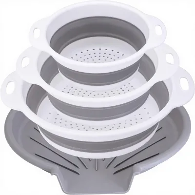 Collapsible Colander Set with Oversized Draining Tray | 3-Pack Foldable Kitchen Strainers + Base | Space Saving for Pasta