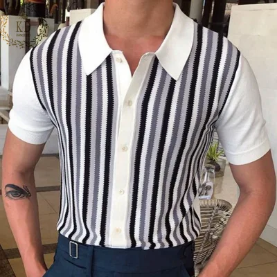 KD Manufacturer Provide Custom Vintage Men Cardigan Sweater Striped Lapel Slim Fit Knit V Neck Mens Polo Sweater