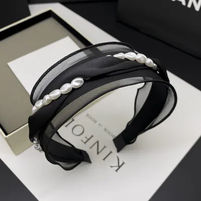 Beautiful Headband Pearl Rhinestone Pleated Fabric Scrunchy Hairband Wide Edge Headband