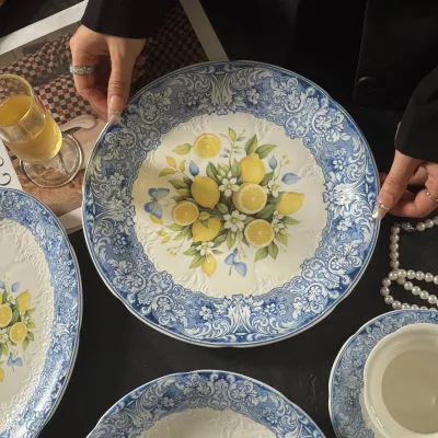 French Lemon Relief Ceramic Plate Afternoon Tea Coffee Cup Dessert Plate Home Premium Plate