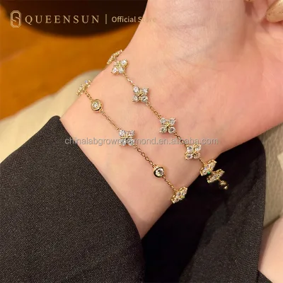 18K Yellow Gold Clover Station Bracelet D VVS Lab Diamond Flower Charm Bracelet for Women Birthday Anniversary Jewelry Gift