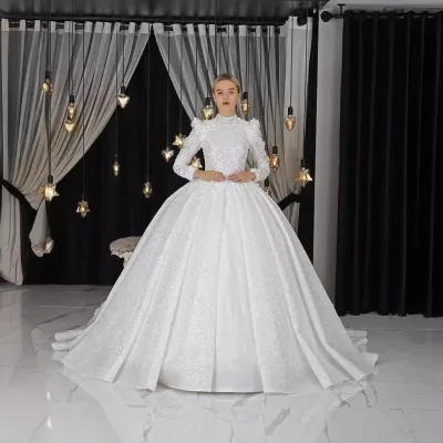 NDB10490 Bridal Wedding Dress Long Sleeved Semi High Neck Trailing Luxury Heavy Industry French Temperament Fluffy Skirt