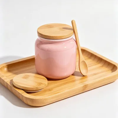 Macaron Pink Glossy Ceramic Candle Jar Gift Set Empty Vessel Container with Bamboo Accessories for Home Decor & Gifting