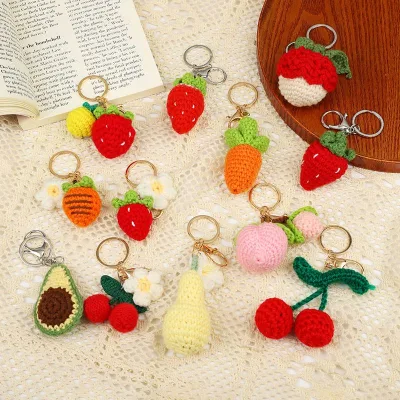 Wool Crochet Fruit Macrame Keychain Handmade Knitted Carrot Avocado Strawberry Cherry Key Chains Woven Keyrings Women Bag Charms