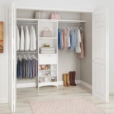 White Modular Closet System Built-In Open Concept Wardrobe with Multi-Section Hanging Areas Shelves & Drawer Unit & Shoe Storage
